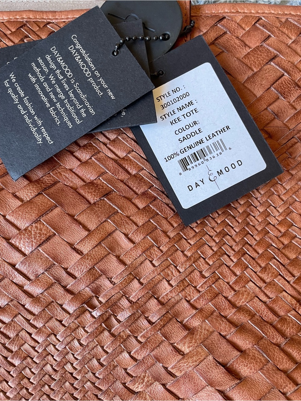 Day & Mood Kee Tote Woven 100% Leather in the color Saddle NWT - Picture 7 of 10